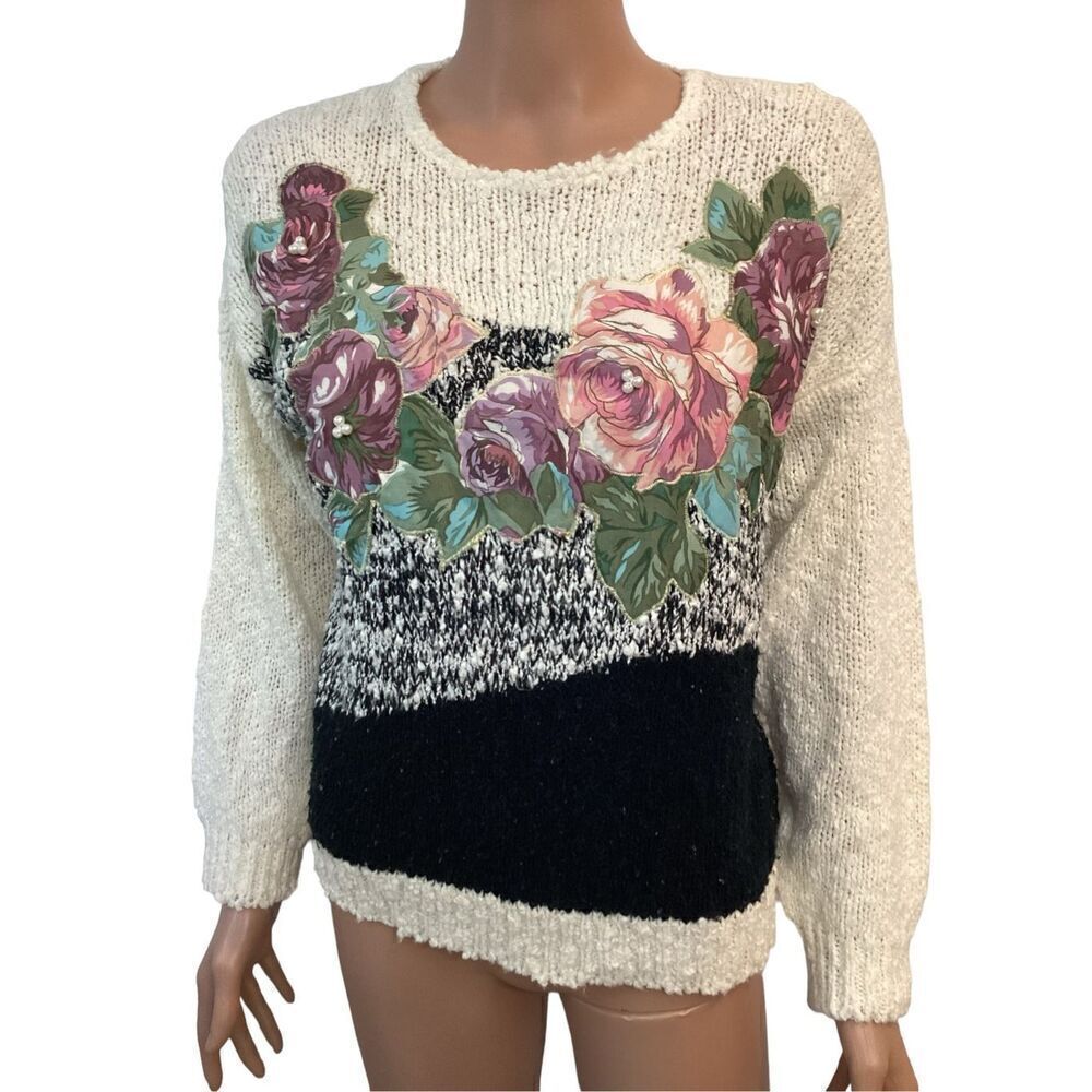Vintage Penbrooke Lane Embellished Sweater Floral Pearl Size M